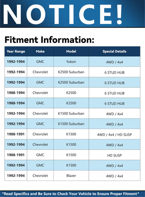 Fitment information chart for Beefed-Up 6 Lug Front Wheel Bearing Hubs For Chevy GMC K1500 K2500 Suburban Blazer Yukon