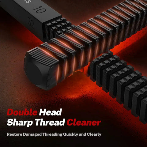 Close-up of 3 Piece Thread File Set for SAE and Metric External Threads Repair, showing double head sharp thread cleaner.