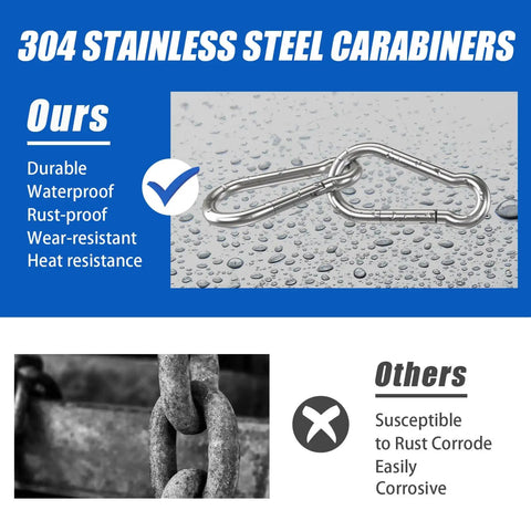 Heavy Duty 1.57 Inch Carabiner Clip Set, 15 Pcs 304 Stainless Steel Spring Hooks for Camping and Hiking, shown on wet surface