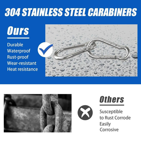 Small 1.97-inch 304 stainless steel carabiner clips, 10-pack for camping/hiking, heavy-duty snap hooks (front view)