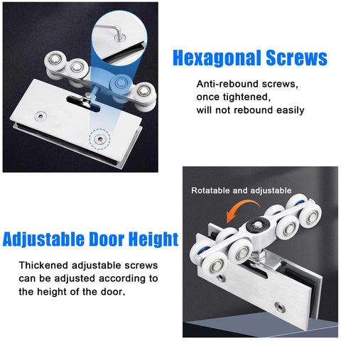 Aluminum Sliding Shower Door Track Kit With Rollers For Glass Doors 10-12 Mm Thick showing hexagonal screws and adjustments.