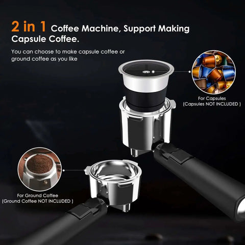 2 in 1 coffee machine featuring holders for capsule and ground coffee options