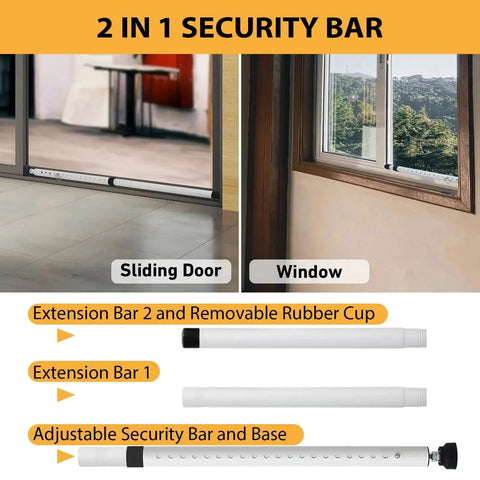 Adjustable Sliding Door Security Bar With Rubber Tips 18.5 To 51 Inches White Multi Use Patio Door And Window Security Bar Strong Steel Construction For Durable Protection Included In A Two Bar Pack