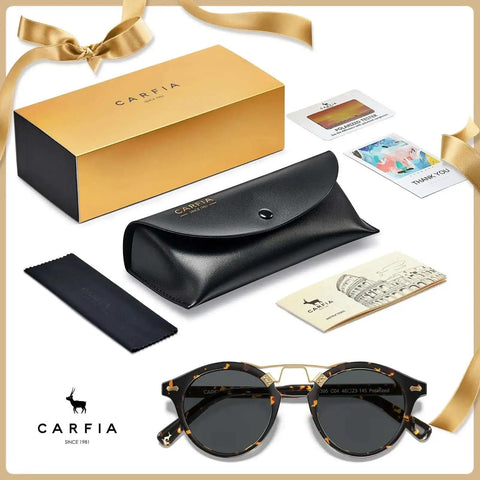Double Bridge Round Polarized Sunglasses For Men With UV Protection Retro Tortoise Eyewear Nickel Free Metal Brow Design Classic Dope Sunnies For Everyday Wear And All Day Comfort displayed with a black leather case and accessories.