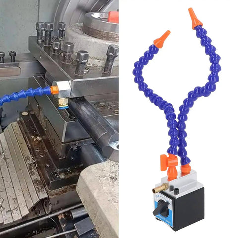 Adjustable Magnetic Coolant Pipe Holder With 60mm Base And G1/4 To G1/2 Hose Fittings on CNC machine for tool cooling