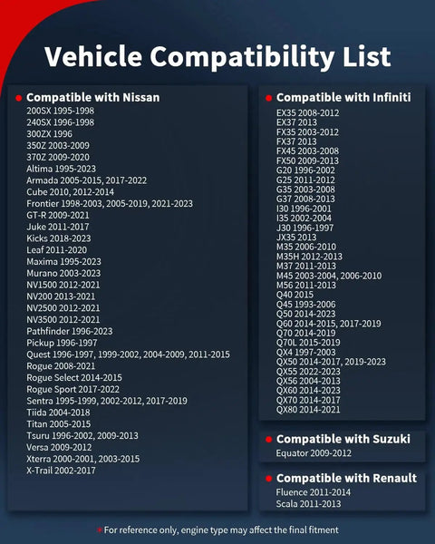 Vehicle compatibility list for Nissan, Infiniti, Suzuki, and Renault models.