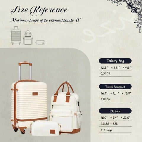 Three Piece Luggage Set With 20 Inch Carry On, Backpack Or Duffel Option, TSA Lock, Spinner Wheels, Lightweight Hard Shell Travel Luggage in white