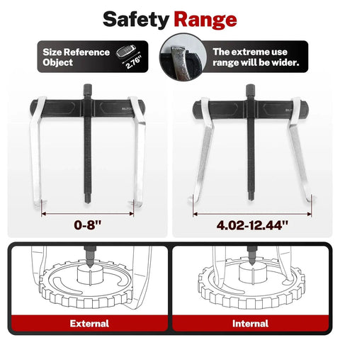 Diagram showing the safety range of a 10 Inch 2 Jaw Gear Puller For Internal And External Removal Of Pulleys Bearings And Gears.