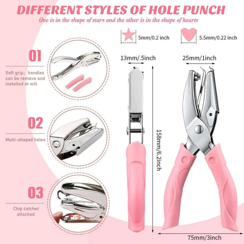 Two Piece Handy Handheld Paper Punch Set With Heart And Star Holes Durable Metal Punches with Soft Grip Handles and Multi-Shaped Holes