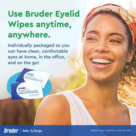 Smiling woman holding Rinse-Free Eyelid Cleansing Wipes For Oil Debris And Makeup Removal with packaging visible.