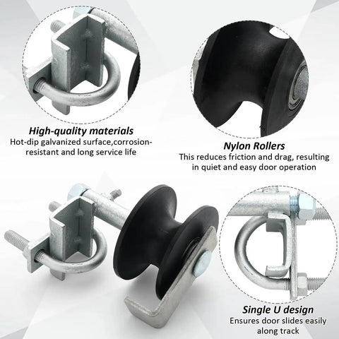 2 Pcs Chain Link Nylon Rolling Gate Track Wheel Rollers For Sliding Gates Compatible With 2 Inch Gate Frames And One And Five Eighths Inch Track Pipe With Galvanized Steel Cantilever Hardware, close-up view of nylon roller and galvanized bracket