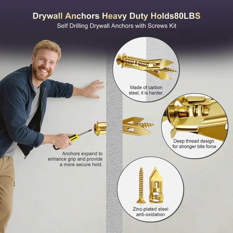 Man installing 88 Pieces Self Drilling Drywall Anchors And Screws Kit, zinc plated steel, showing anchor and screw details.