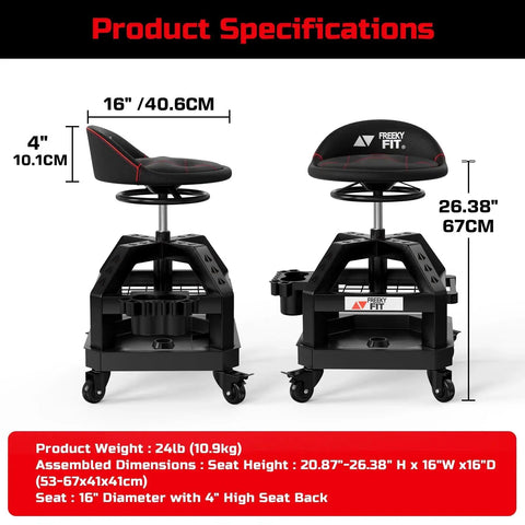 Rolling Shop Stool For Garage With Casters Adjustable Height 360 Degree Swivel Padded Mechanic Stool With Tool Tray Storage