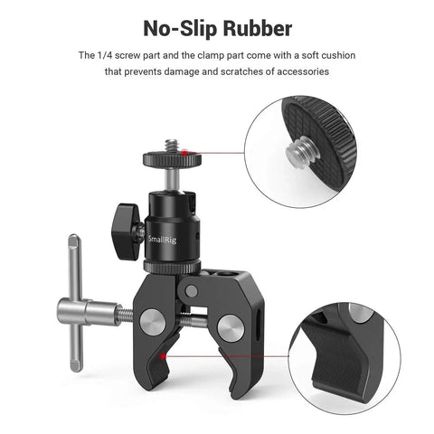 Beefy Clamp Mount With Mini Ball Head for Desk or Rig, showing non-slip rubber padding and 1/4 inch screw for secure attachment