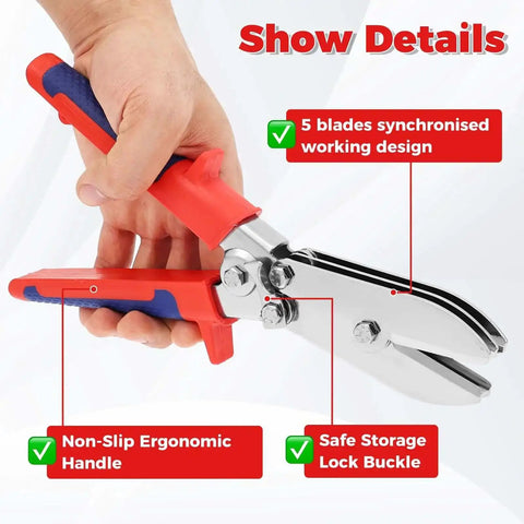 Five Blade Hand Crimper For Gutter And Sheet Metal with ergonomic handle displayed in hand, highlighting five-blade feature.