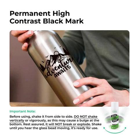 Person holding metal tumbler engraved with laser, demonstrating High Contrast Black Laser Marking Spray for CO2, Fiber and Diode Laser Engravers, 8.5 Oz, 1 Count, New and Improved Version for Precise, Clean Engravings.