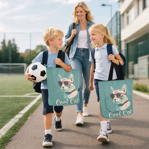 Mother and children carrying Cool Cat Sunglasses Tote Bag For Book Lovers With Zipper Pocket Reusable Water Repellent Everyday Carry Book Tote For School Work And Shopping Large Capacity Nylon Carryall For Books Notebooks And Tablets