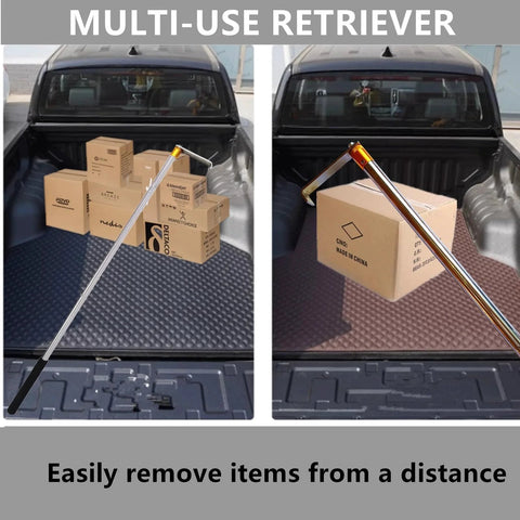 Cargo Grabber Reach Retriever Tool 30 to 75 Inch Adjustable Extensions with stainless steel hooks in pickup bed removing boxes
