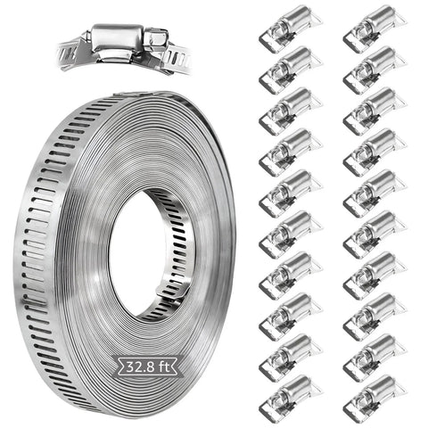32.8 Ft 304 Stainless Steel Hose Clamp Kit With 20 Heavy Duty Fasteners For Adjustable Perforated Strapping