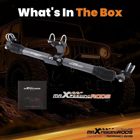 maXpeedingRods dual steering stabilizer for Jeep Wrangler JK/JKU, gray metal bar with mounting brackets and rubber boots