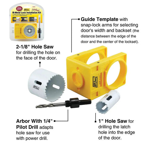 Bi-Metal Lock Installation Kit with Adjustable Guide Template for steel and wood doors, showing hole saws and guide tools.