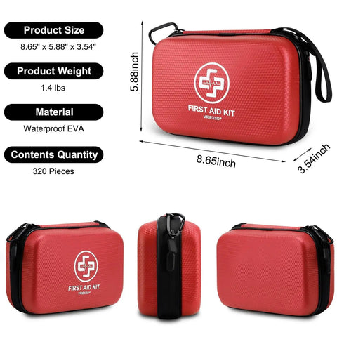 Premium 320 Piece Waterproof First Aid Kit in a Durable EVA Hard Shell for Home Camping Cars Hiking Travel and Outdoor Emergencies by VRIEXSD