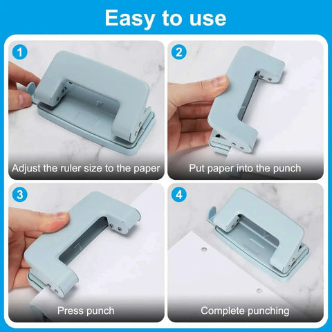 Instructional guide showing use of Pink Handheld Heavy Duty Hole Punch Set Two Piece Metal Paper Punch for tags and tickets crafting