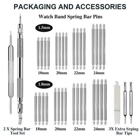 Pro Grade Band Pins Kit With Spring Bar Replacements And Extra Tips 32 Piece Heavy Duty 316 Stainless Steel Pins Fits 16mm To 24mm Lug Width Quick Strap Removal And Easy Band Repair pictured with tools and pins in various sizes.