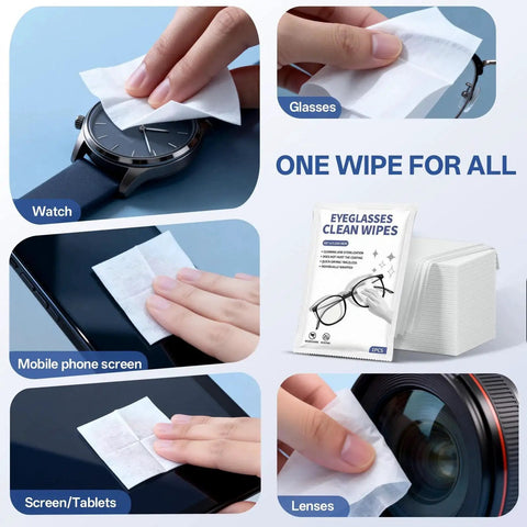 Pre-Moistened Lens Wipes For Glasses Cameras And Screens Scratch-Free - wipes shown cleaning watch, glasses, phone screen, and camera lens