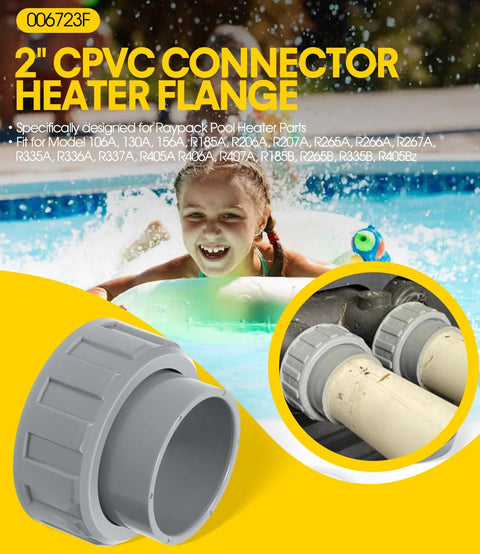 DearChan 2-Pack 2-inch CPVC connector with heater flange and nut kit; gray pool heater fitting for Raypak Rheem.