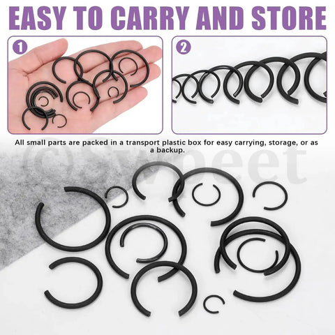 322 Piece Snap Ring Set Carbon Spring Steel And Manganese Round Wire C Clips Internal Snap Ring Kit display with hand