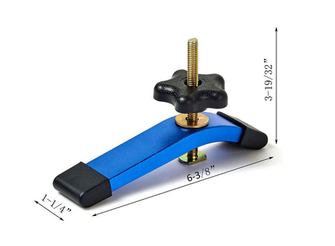 Close-up of hold-down clamp from Two 24 Inch Aluminum T Track Set With Hold Down Clamps For Woodworking, blue anodized finish, 6-3/8 inch long.