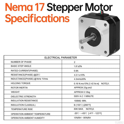 Five Pack Nema 17 Stepper Motors 2 Phase Bipolar High Torque 0.16 Nm For 3D Printer CNC DIY Robot Upgrade specification chart