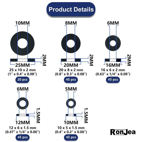 200-Piece Flat Rubber Washer Set For Bolts Faucets Screws Garden Hose And Plumbing Black Rubber Gaskets Five-Size Assortment Durable SBR Material Leakproof Cushioned Seals product details