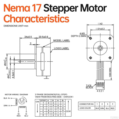 Technical diagram of 10 Pack Nema 17 Stepper Motors 1.8 Degree Bipolar 2 Phase Beefy Torque 0.13Nm with dimensions and wiring.