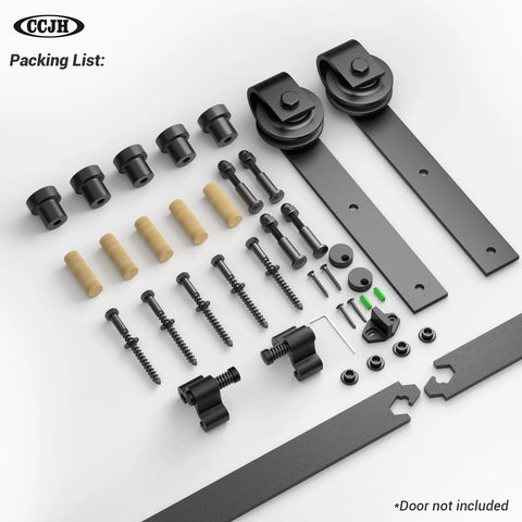 Six Foot J Shape Sliding Barn Door Hardware Kit For A Single Wooden Door With Frosted Black Finish Track System Vintage Closet Hardware Great For Doors Up To 36 Inches Wide And 330 Pound Capacity components layout