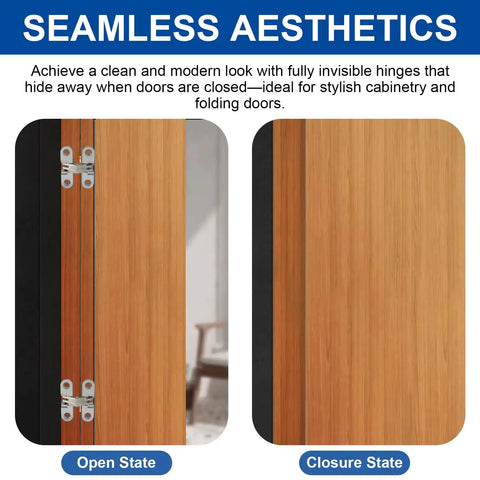 Hidden Stainless Steel 180 Degree Concealed Hinge For Frameless Kitchen Cabinets One And Three Quarters Inch Opening With Screws Rust Resistant And Easy Install Durable Cross Hinge For Cabinet Doors 4 Pack By Opfiue shown in open and closed states on wooden cabinet