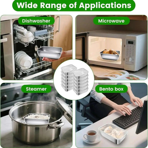 Collage showing uses for Five Piece Stainless Steel Storage Containers Set With Clear Lids in dishwasher, microwave, steamer, bento box