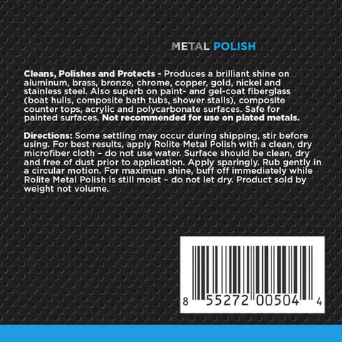 Back label of Heavy Duty Metal Polish Paste 4.5 Oz For Aluminum, Chrome, And Stainless Steel with usage directions and barcode.