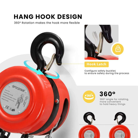 Red Hand Chain Hoist 1 Ton 2000 Lb Capacity 10 Ft Lift with 2 Heavy Duty Hooks and 360° Rotation Hook Latch for Secure Lifting