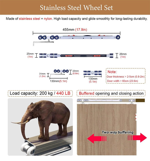 Stainless steel wheel set product features and dimensions, showing load capacity and buffering, with elephant illustration.