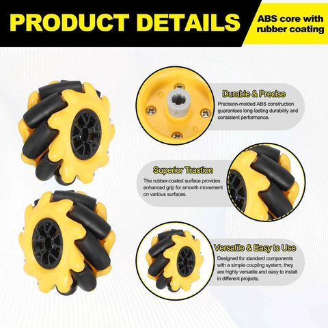 Product Details of Mecanum Wheels Set 2 Pack 48mm Omnidirectional Wheels 1.89 Inch ABS Rubber for Smart Robot Car Projects DIY Models Accessories Yellow