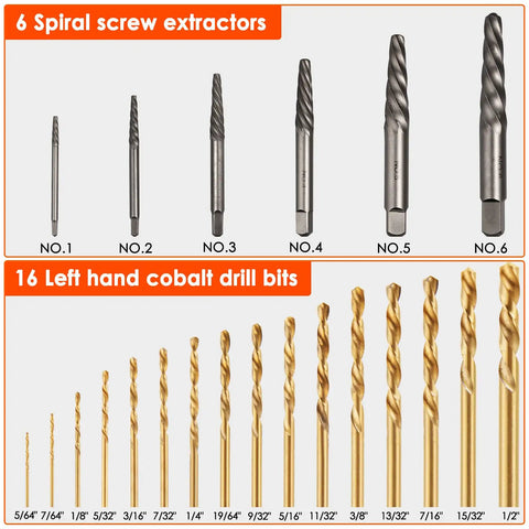 Broken Bolt Extractor Kit With 54 Pieces Easy Out Set for Damaged Bolts Rusted Frozen Rounded Off Nuts Screws with screw extractors and left-hand drill bits.