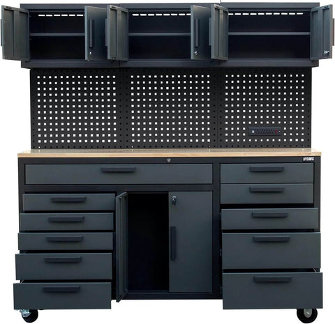 72 Inch Rolling Tool Chest On Wheels With 11 Drawers, 3 Top Cabinets, 2 Door Cabinet, Pegboard And Power Strip