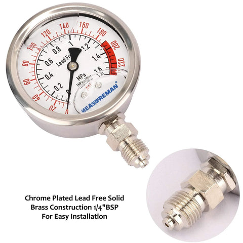 Lead-Free Glycerin Filled Reverse Osmosis Water Pressure Gauge for Purified Water Systems, 2.5 Inch Dial, 1/4 Inch Lower Mount, 0-220 PSI
