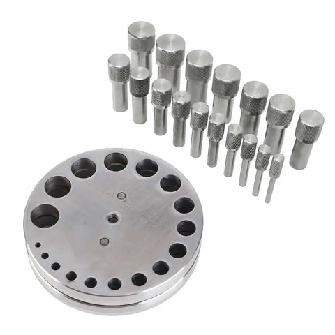 Steel Disc Cutter Set For Jewelry Making with 17 dies and 45 steel die punching discs for precise crafting and metal forming projects.
