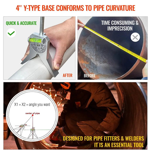 Pipe Center Finder Punch Tool And Marker For Pipes Half Inch And Larger Welder Friendly Pro Grade Locator Level With Centerline Marking Diameter Measurement 4 Inch Y Type Base Upgraded Centering Tool demonstrating usage and benefits.
