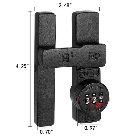 Matte Black 180 Degree Barn Door Lock With 3 Digit Keyless Password Latch Flip Lock for Privacy, front view with dimensions