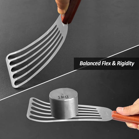 2 Pack Fish Spatula Turner Set Stainless Steel Slotted Spatulas For Flipping Turning Frying And Grilling 3 By 6 Inch And 4 By 8 Inch With Wooden Full Tang Handle And Curved Beveled Blade demonstrating flexibility and strength