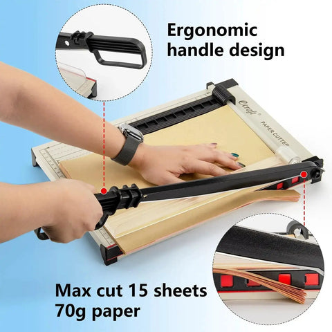 Person using 12 Inch Guillotine Paper Cutter For Arts And Crafts With Safety Guard And Magnetic Guide, 15 Sheet Capacity, Heavy Duty Metal Base, Precise Trim For Cardstock Cardboard Vinyl Photos And Scrapbook Projects By Ecraft with ergonomic handle.